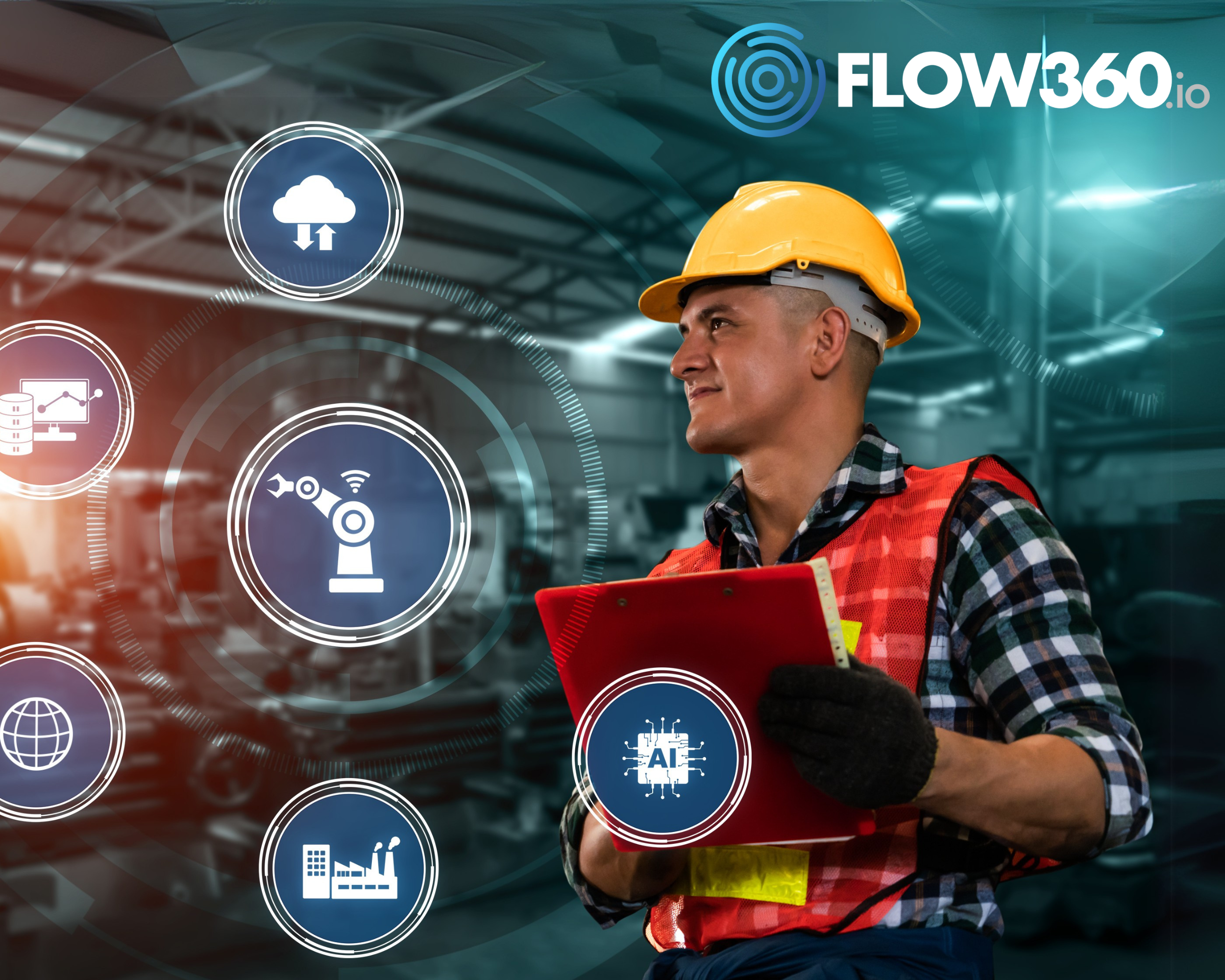 Mann in der Produktion ist umgeben von Symbolen für einen digitalen Workflow